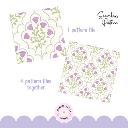Ornate Green Frame & Purple Floral Seamless Pattern | Modern Regency Surface Design