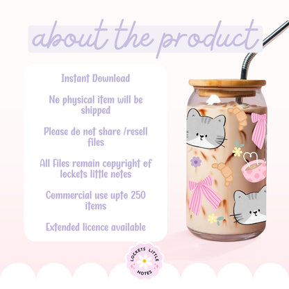 Kawaii Grey Cat Glass Can Wrap PNG, Coffee & Croissant Coquette Design, Floral Pink Ribbon 16oz Libbey, 2 Files POD, Digital Download