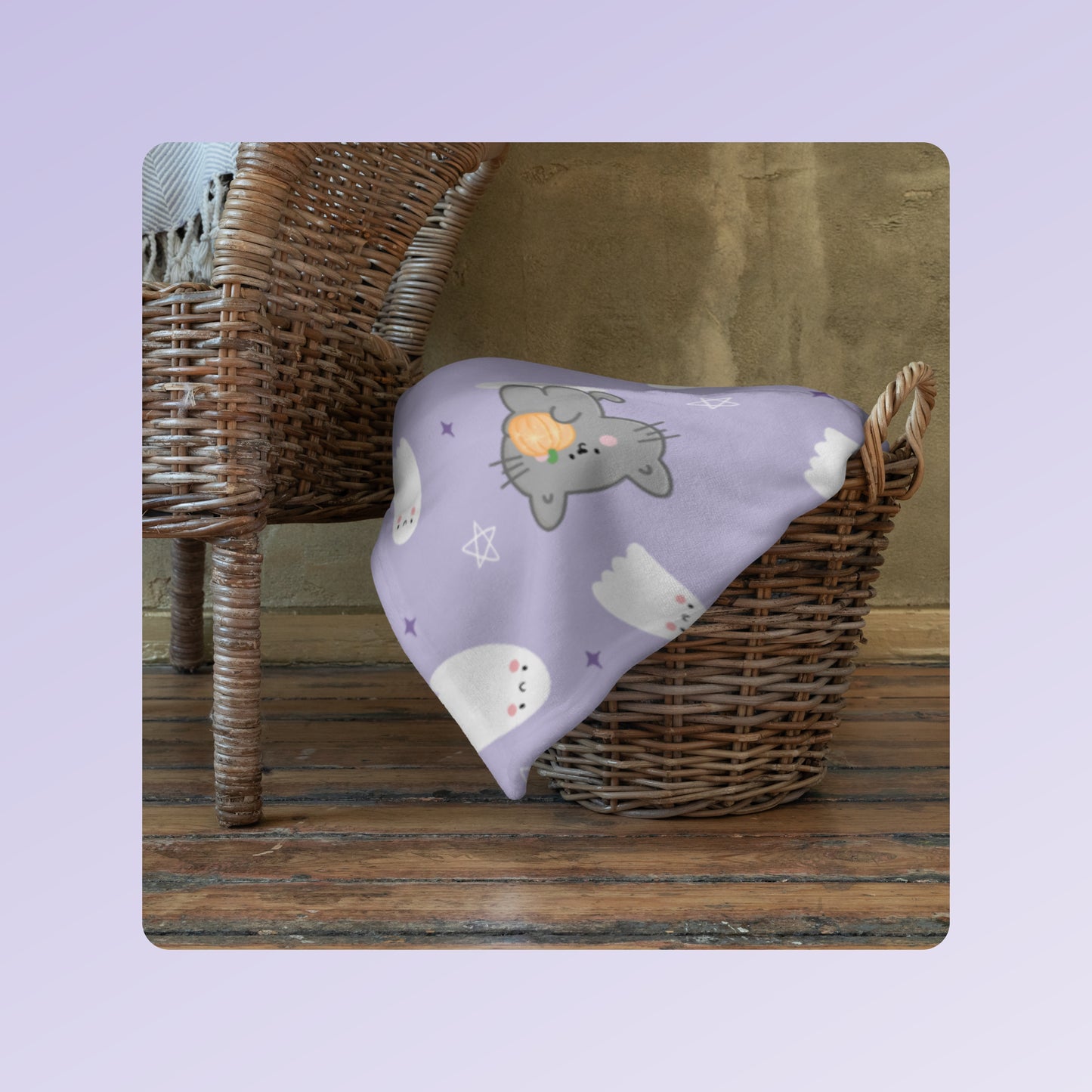 Kawaii Cat, Pumpkin and Ghosts Purple Blanket