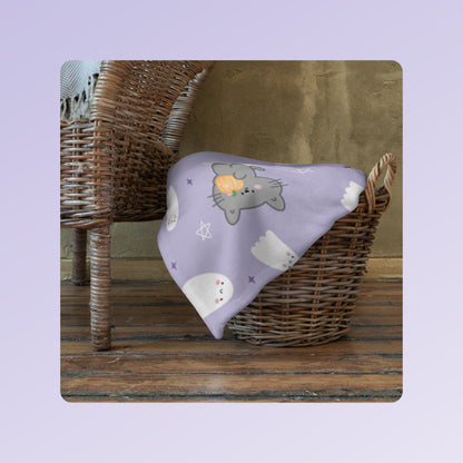 Kawaii Cat, Pumpkin and Ghosts Purple Blanket