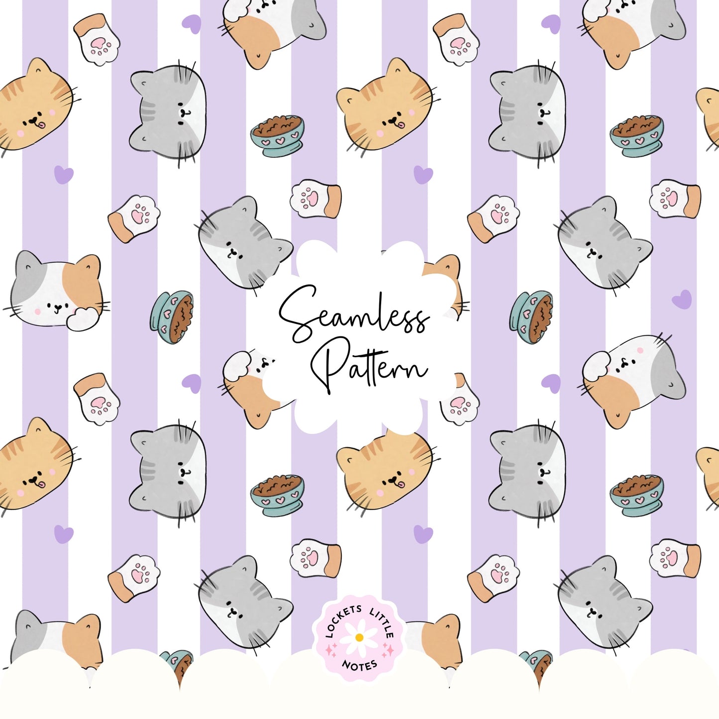 Kawaii Cat & Pastel Purple Stripe Seamless Pattern | Cute Lavender Cat Surface Design.