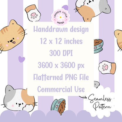 Kawaii Cat & Pastel Purple Stripe Seamless Pattern | Cute Lavender Cat Surface Design.