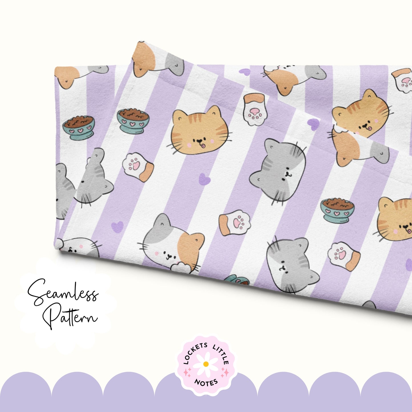 Kawaii Cat & Pastel Purple Stripe Seamless Pattern | Cute Lavender Cat Surface Design.