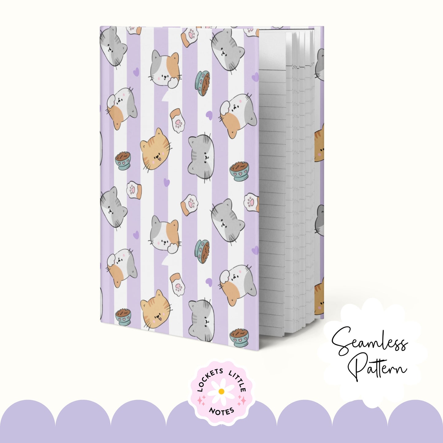 Kawaii Cat & Pastel Purple Stripe Seamless Pattern | Cute Lavender Cat Surface Design.