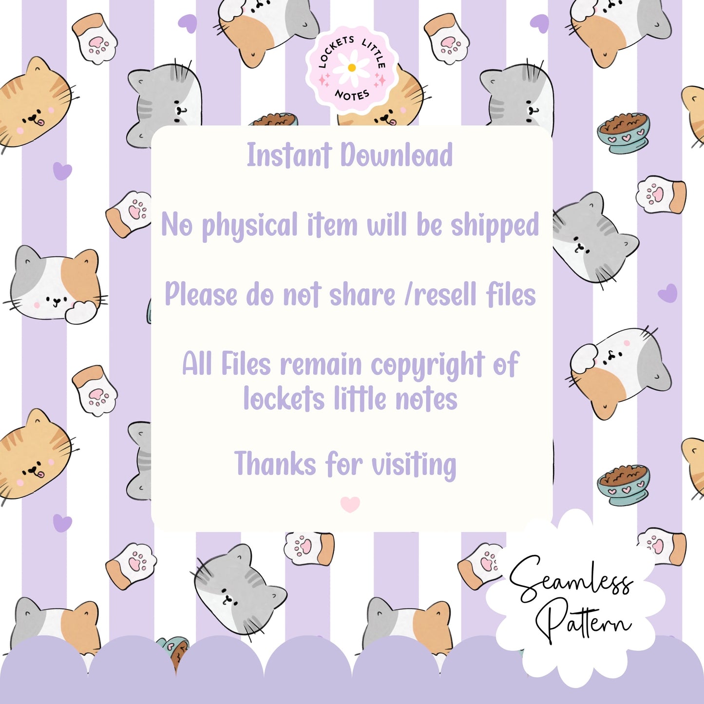 Kawaii Cat & Pastel Purple Stripe Seamless Pattern | Cute Lavender Cat Surface Design.