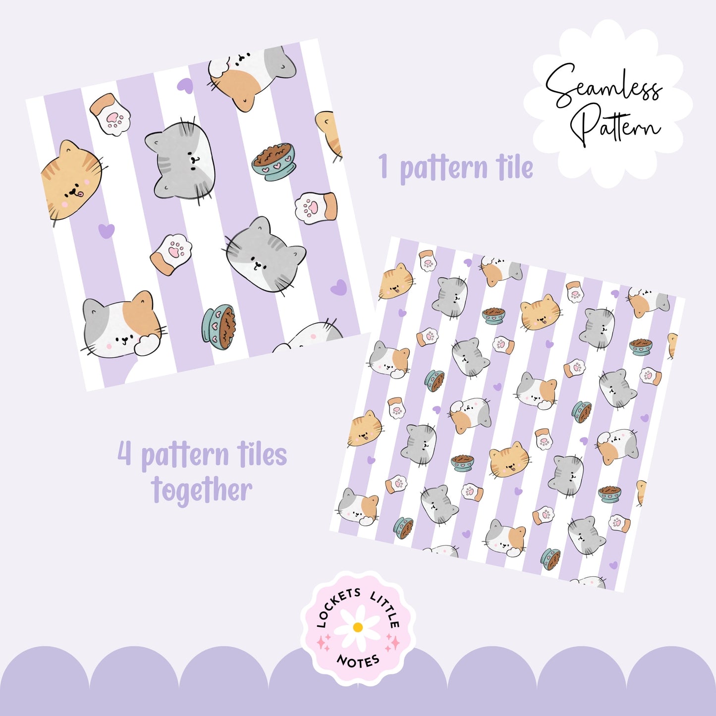 Kawaii Cat & Pastel Purple Stripe Seamless Pattern | Cute Lavender Cat Surface Design.