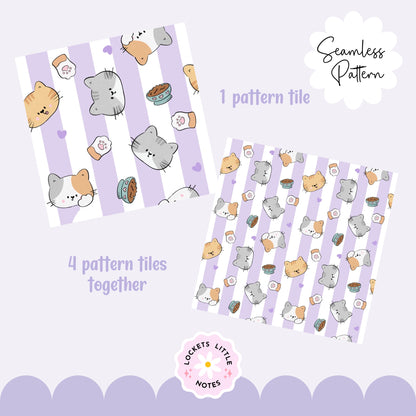 Kawaii Cat & Pastel Purple Stripe Seamless Pattern | Cute Lavender Cat Surface Design.