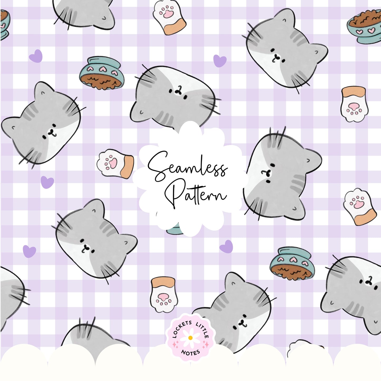 Kawaii Cat & Lavender Gingham Seamless Pattern | Pastel Purple Checked Surface Design