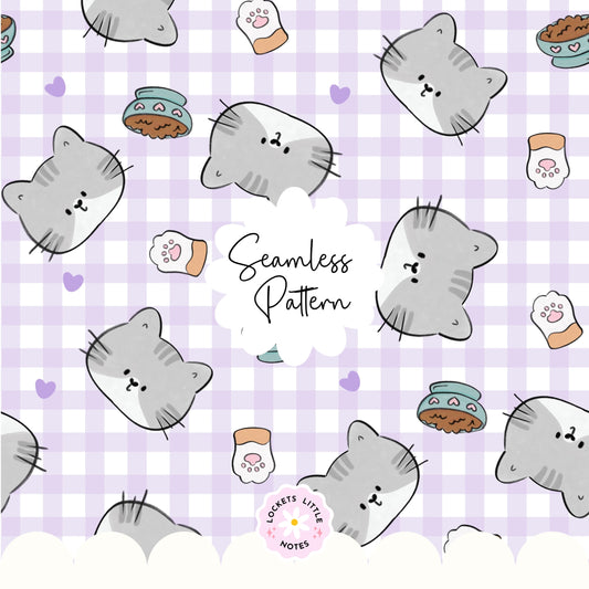 Kawaii Cat & Lavender Gingham Seamless Pattern | Pastel Purple Checked Surface Design