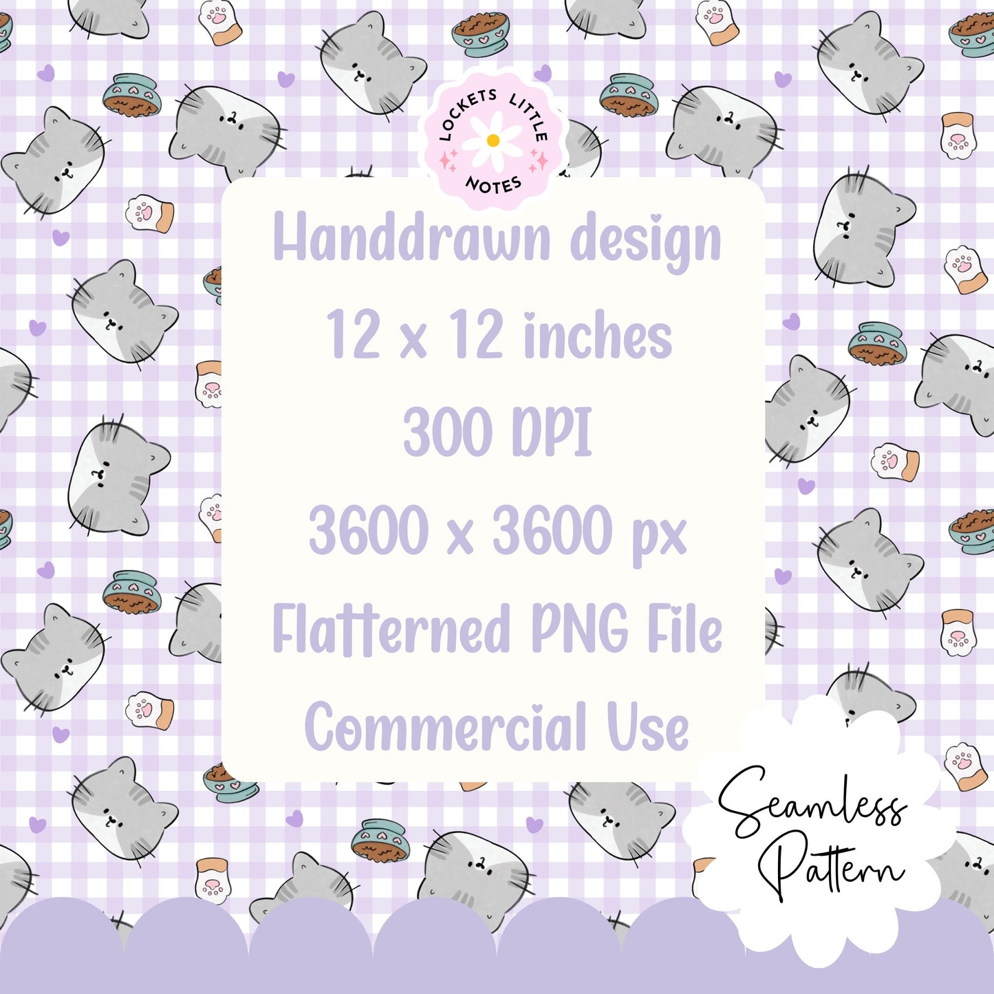 Kawaii Cat & Lavender Gingham Seamless Pattern | Pastel Purple Checked Surface Design