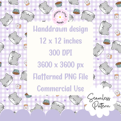 Kawaii Cat & Lavender Gingham Seamless Pattern | Pastel Purple Checked Surface Design