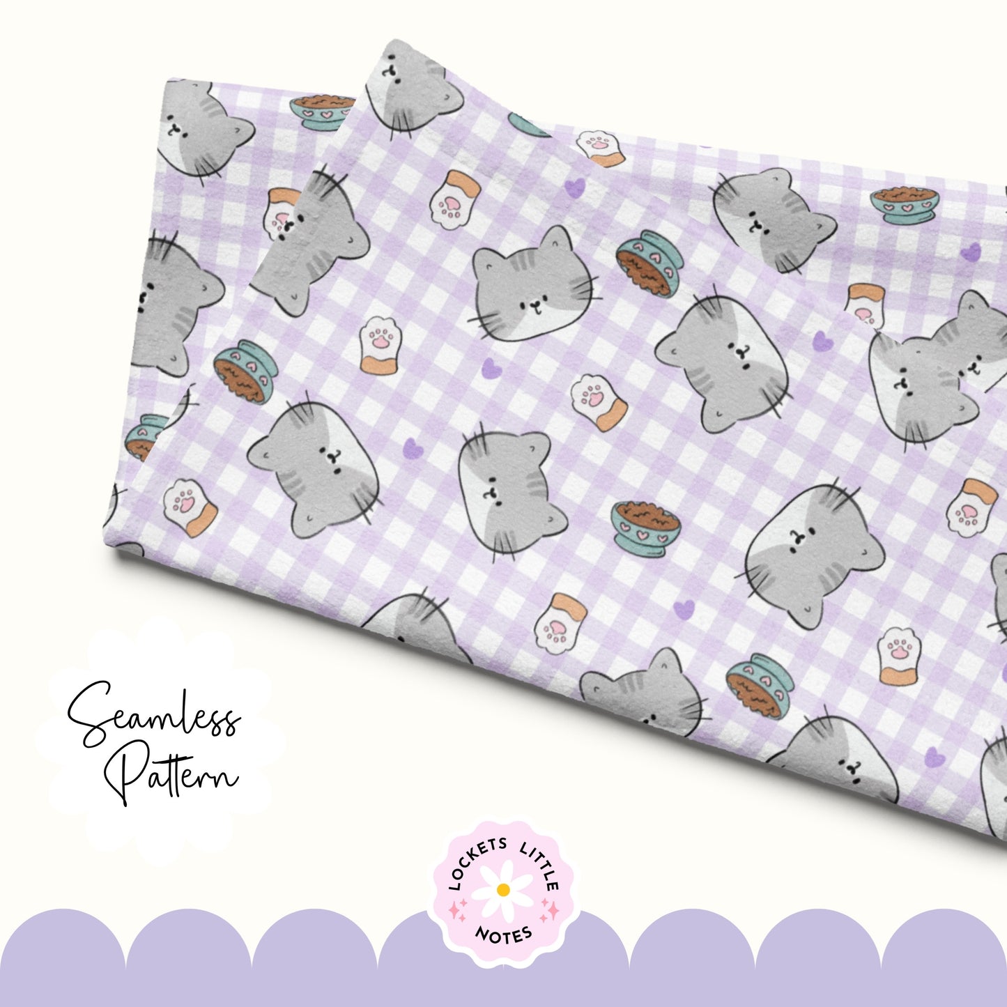 Kawaii Cat & Lavender Gingham Seamless Pattern | Pastel Purple Checked Surface Design