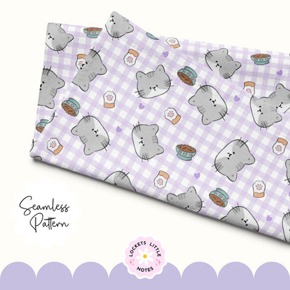 Kawaii Cat & Lavender Gingham Seamless Pattern | Pastel Purple Checked Surface Design