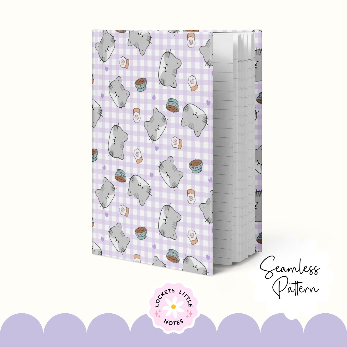 Kawaii Cat & Lavender Gingham Seamless Pattern | Pastel Purple Checked Surface Design