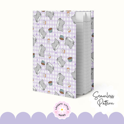Kawaii Cat & Lavender Gingham Seamless Pattern | Pastel Purple Checked Surface Design