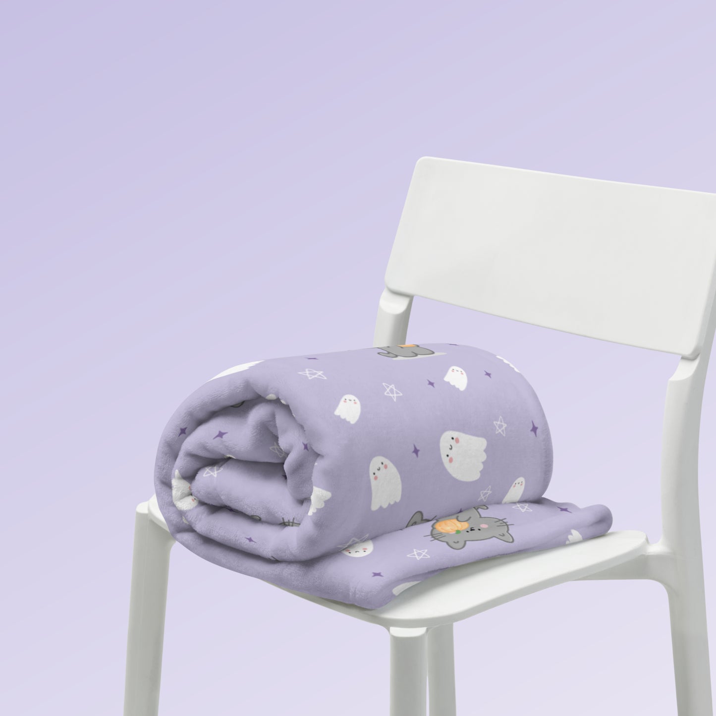Kawaii Cat, Pumpkin and Ghosts Purple Blanket