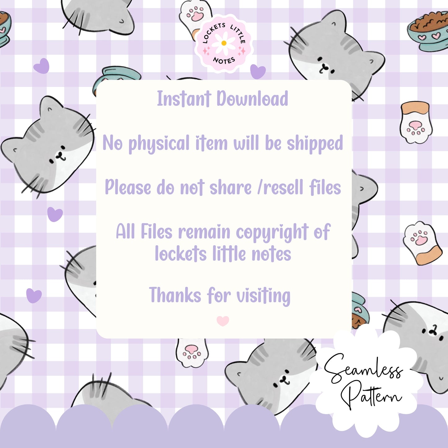 Kawaii Cat & Lavender Gingham Seamless Pattern | Pastel Purple Checked Surface Design