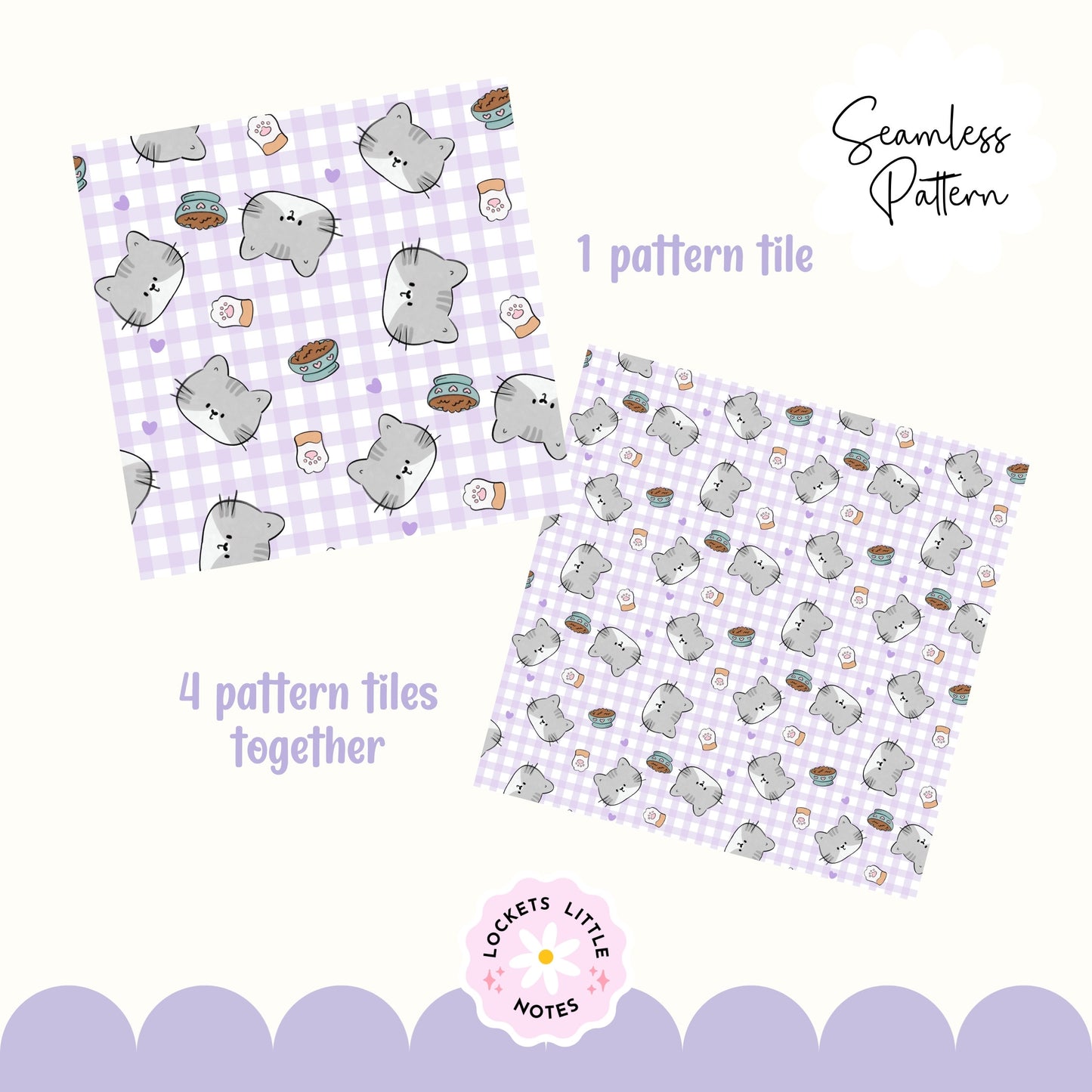 Kawaii Cat & Lavender Gingham Seamless Pattern | Pastel Purple Checked Surface Design