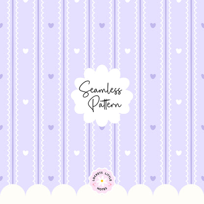 Pastel Lilac Seamless Pattern PNG, White Scallop Stripes & Purple Pinstripe Fabric Design, Cute Heart Digital Paper, Coquette Commercial Use