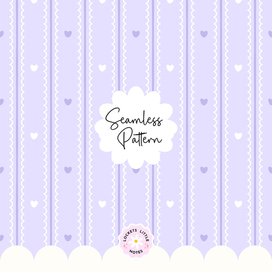 Pastel Lilac Seamless Pattern PNG, White Scallop Stripes & Purple Pinstripe Fabric Design, Cute Heart Digital Paper, Coquette Commercial Use