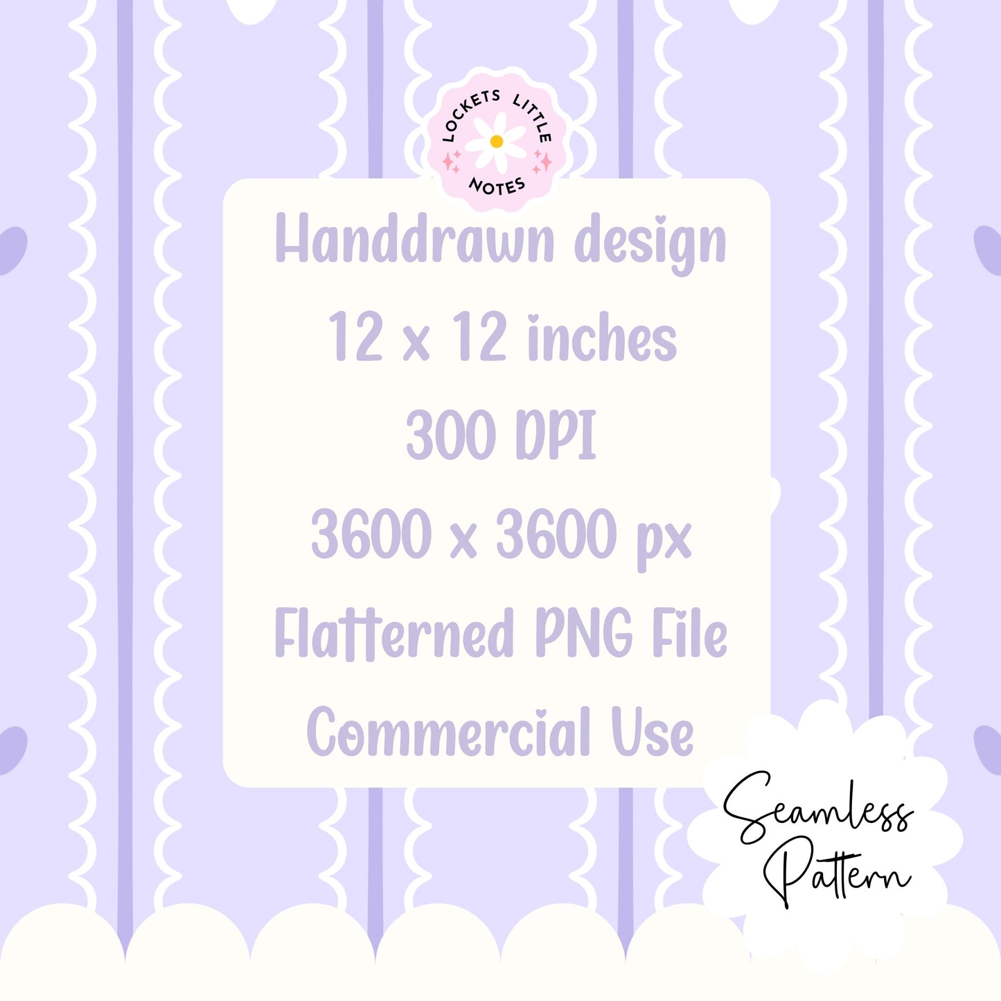 Pastel Lilac Seamless Pattern PNG, White Scallop Stripes & Purple Pinstripe Fabric Design, Cute Heart Digital Paper, Coquette Commercial Use