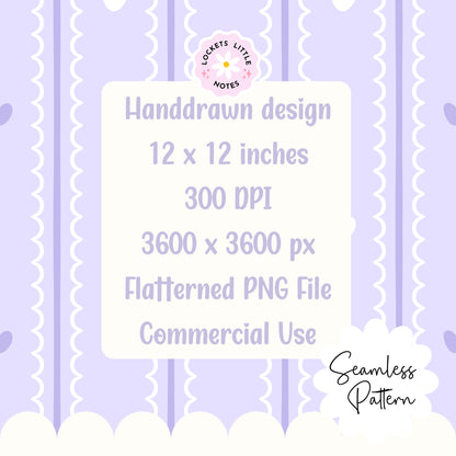 Pastel Lilac Seamless Pattern PNG, White Scallop Stripes & Purple Pinstripe Fabric Design, Cute Heart Digital Paper, Coquette Commercial Use