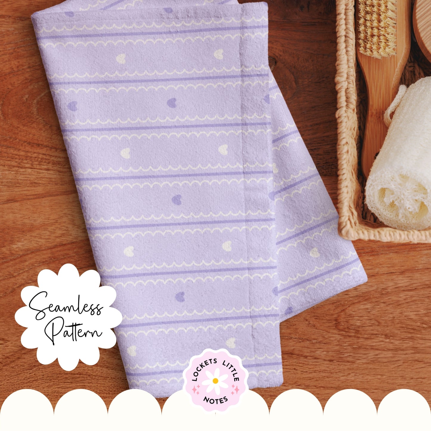 Pastel Lilac Seamless Pattern PNG, White Scallop Stripes & Purple Pinstripe Fabric Design, Cute Heart Digital Paper, Coquette Commercial Use