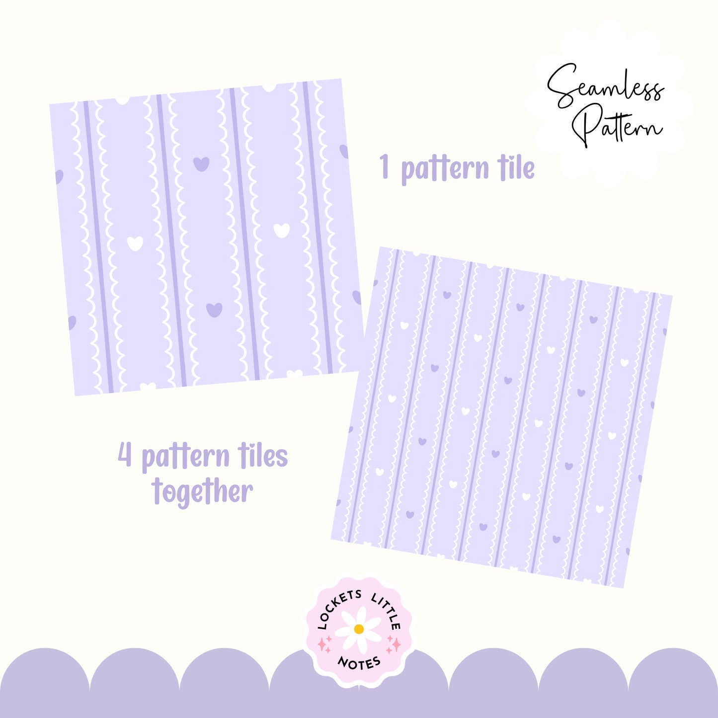 Pastel Lilac Seamless Pattern PNG, White Scallop Stripes & Purple Pinstripe Fabric Design, Cute Heart Digital Paper, Coquette Commercial Use