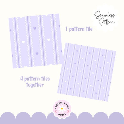 Pastel Lilac Seamless Pattern PNG, White Scallop Stripes & Purple Pinstripe Fabric Design, Cute Heart Digital Paper, Coquette Commercial Use