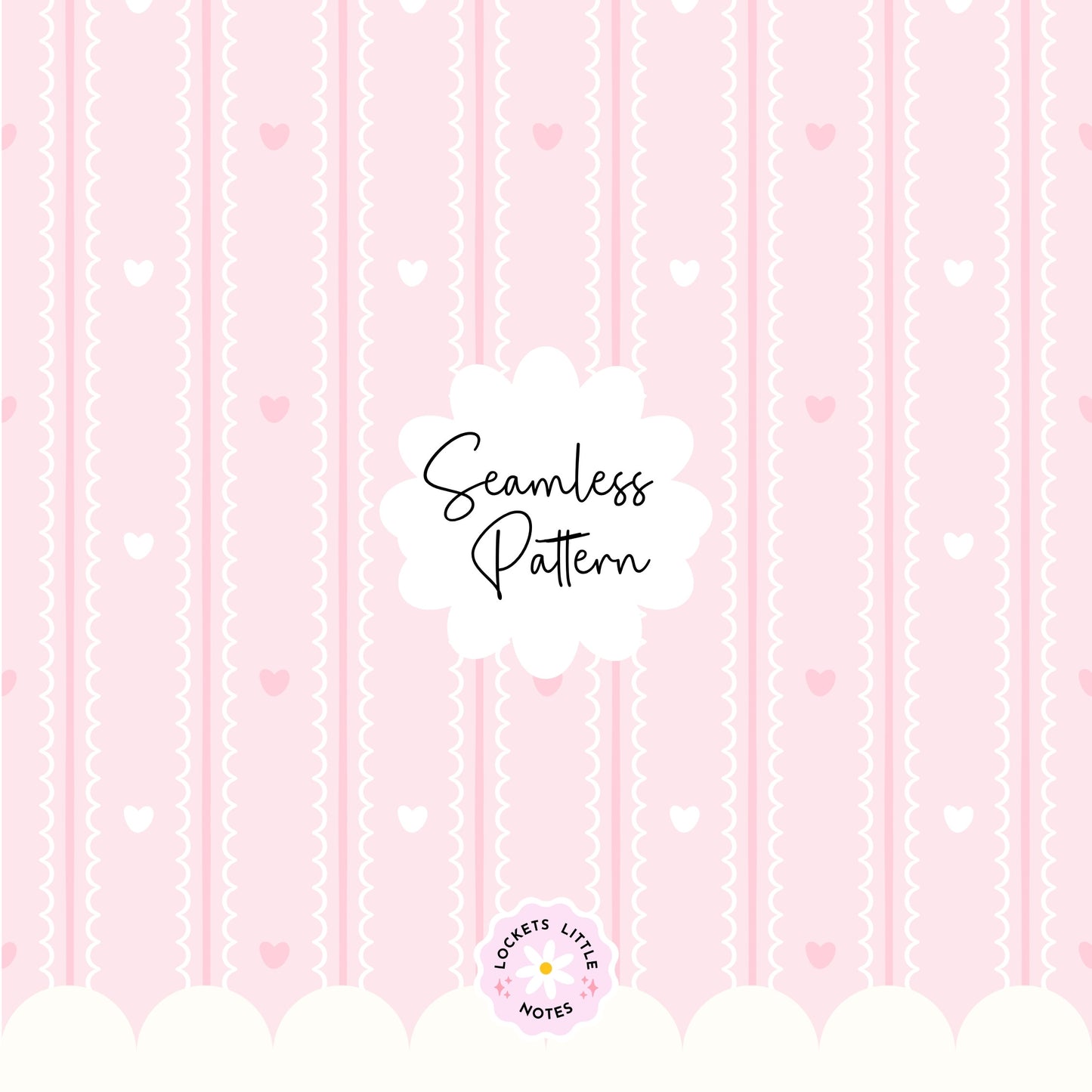 Pastel Pink Seamless Pattern PNG, White Scallop Stripes & Pink Pinstripe Fabric Design, Cute Heart Digital Paper, Coquette Commercial Use
