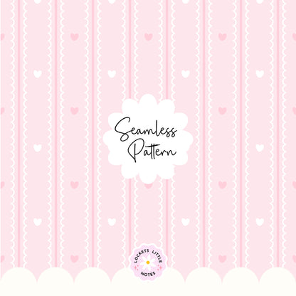 Pastel Pink Seamless Pattern PNG, White Scallop Stripes & Pink Pinstripe Fabric Design, Cute Heart Digital Paper, Coquette Commercial Use
