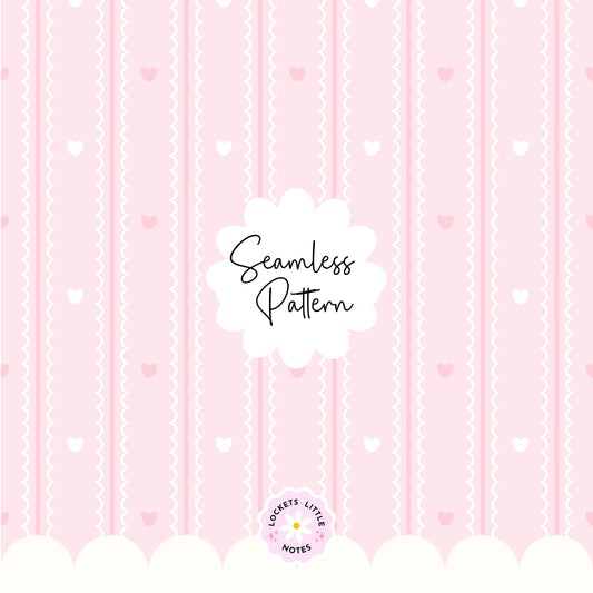 Pastel Pink Seamless Pattern PNG, White Scallop Stripes & Pink Pinstripe Fabric Design, Cute Heart Digital Paper, Coquette Commercial Use