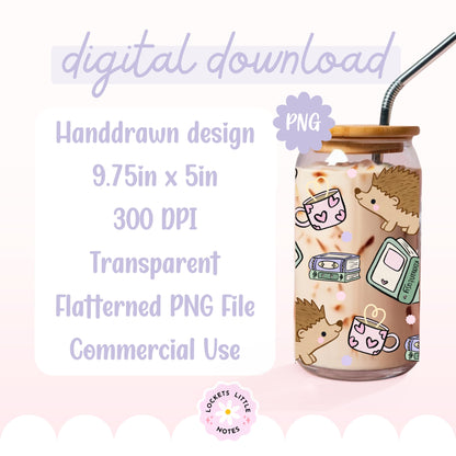 Whimsical Hedgehog Bookish Glass Can Wrap PNG, Cute Book Stack Design, Reading 16oz Libbey Template, 2 Files POD, Digital Download