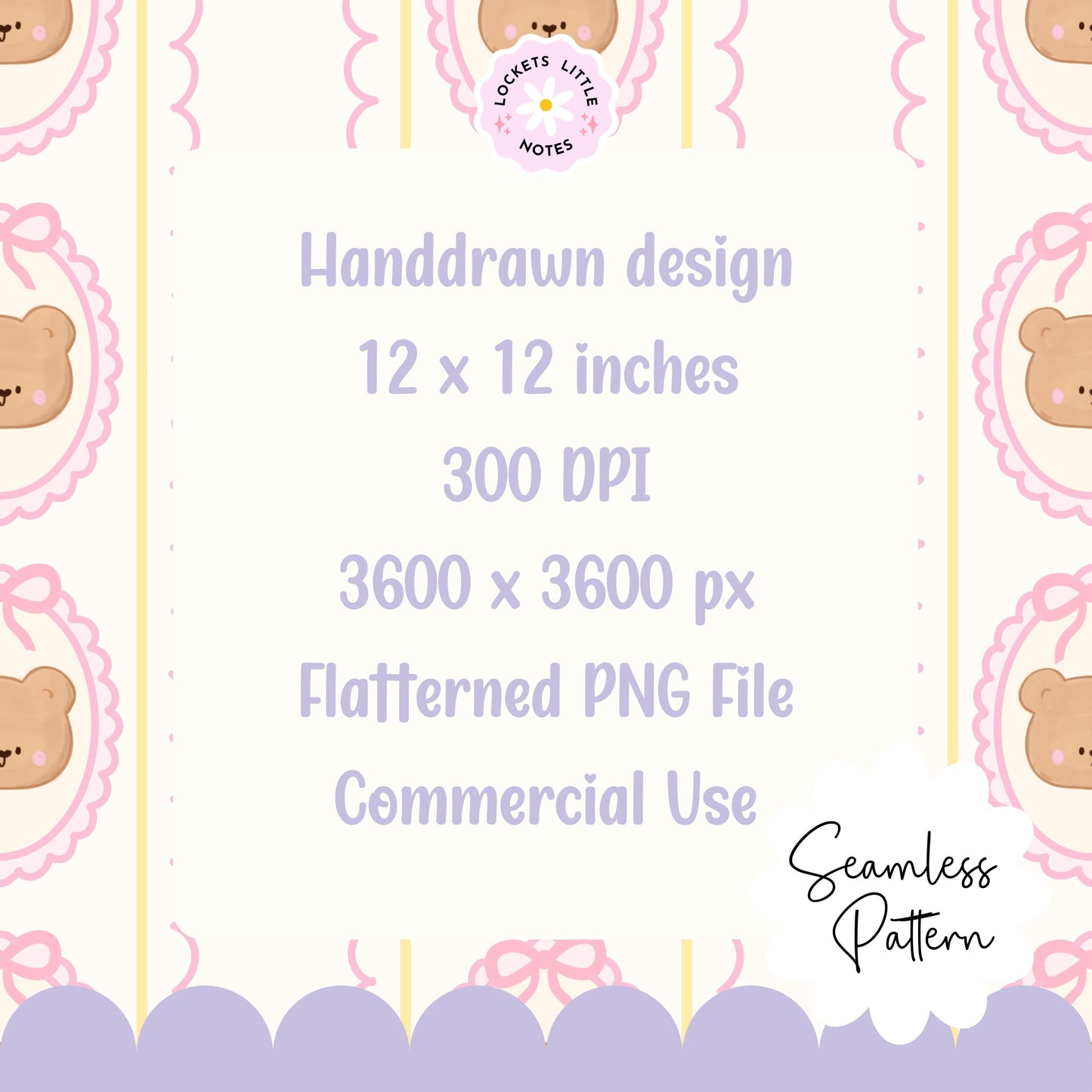 Coquette Bear Scallop frame Seamless Pattern (Digital Download)