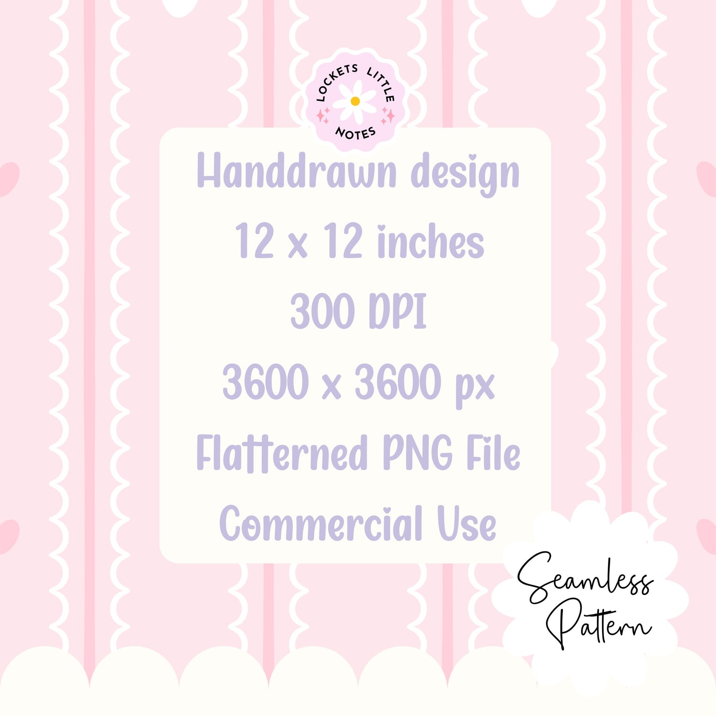Pastel Pink Seamless Pattern PNG, White Scallop Stripes & Pink Pinstripe Fabric Design, Cute Heart Digital Paper, Coquette Commercial Use