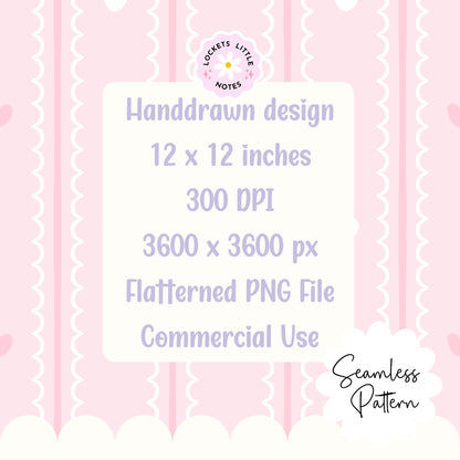 Pastel Pink Seamless Pattern PNG, White Scallop Stripes & Pink Pinstripe Fabric Design, Cute Heart Digital Paper, Coquette Commercial Use