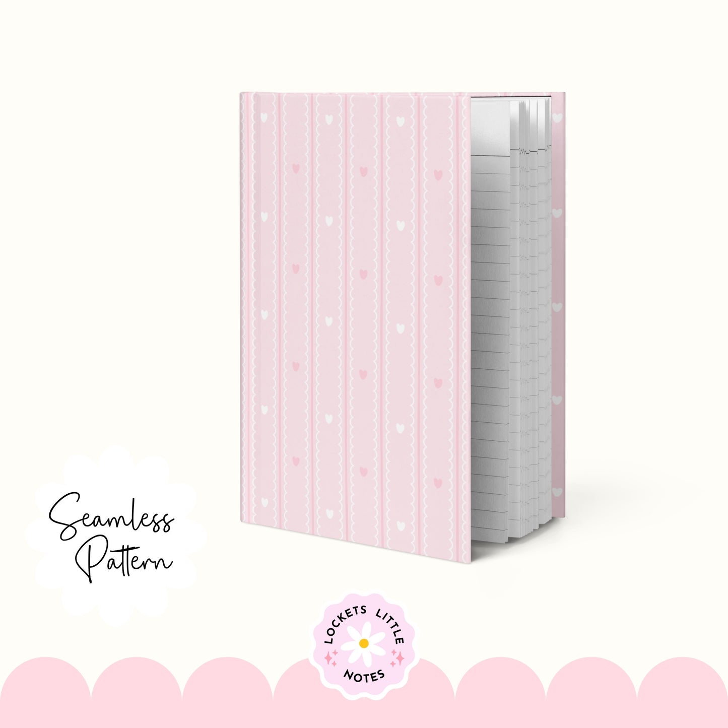 Pastel Pink Seamless Pattern PNG, White Scallop Stripes & Pink Pinstripe Fabric Design, Cute Heart Digital Paper, Coquette Commercial Use