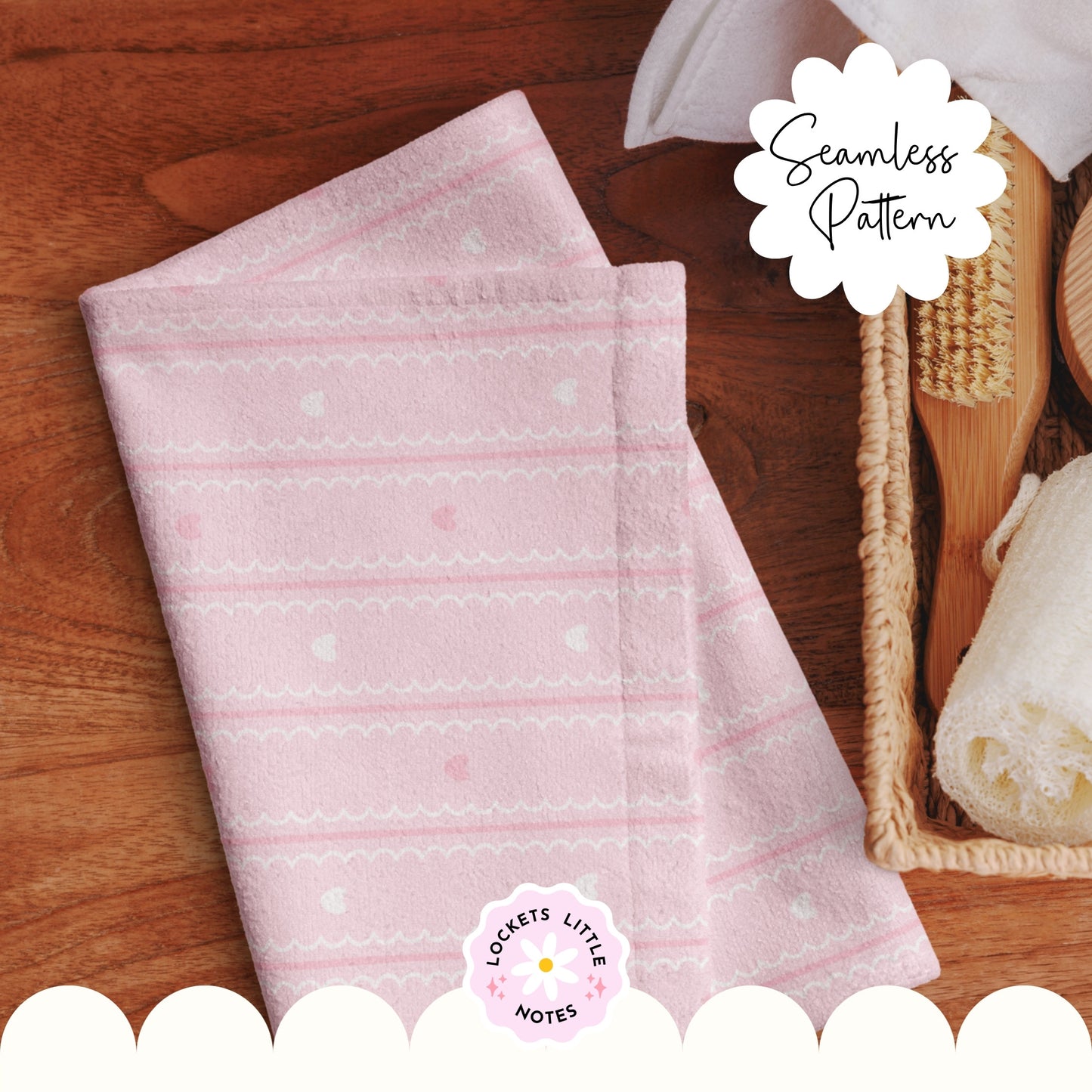Pastel Pink Seamless Pattern PNG, White Scallop Stripes & Pink Pinstripe Fabric Design, Cute Heart Digital Paper, Coquette Commercial Use