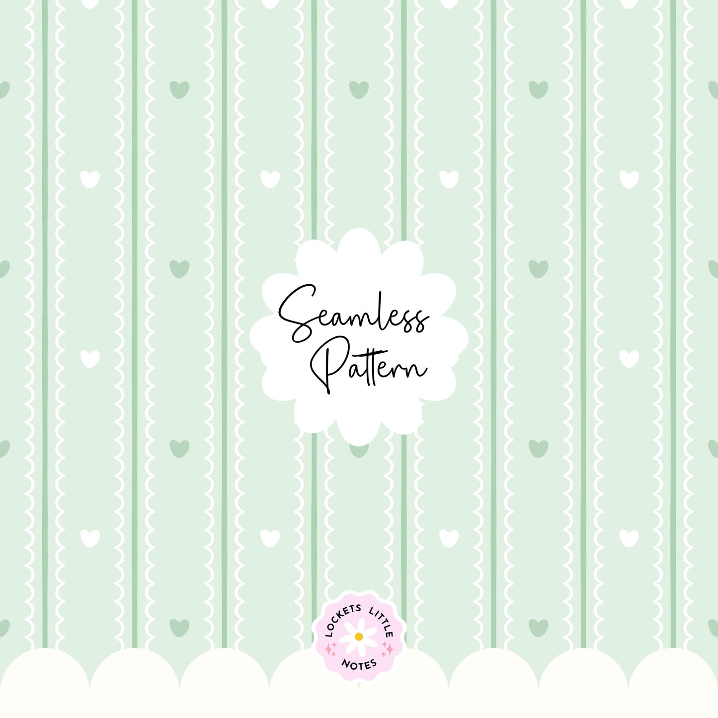 Pastel Green Seamless Pattern PNG, White Scallop Stripes & Green Pinstripe Fabric Design, Cute Heart Digital Paper, Coquette Commercial Use