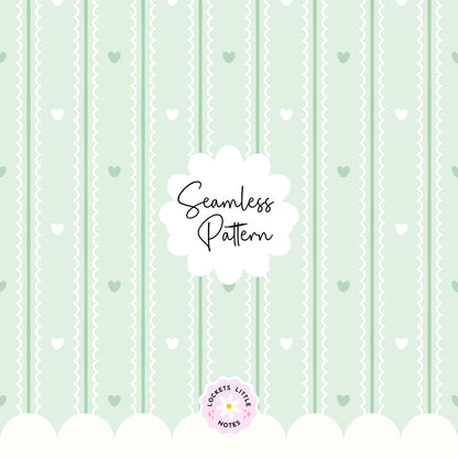 Pastel Green Seamless Pattern PNG, White Scallop Stripes & Green Pinstripe Fabric Design, Cute Heart Digital Paper, Coquette Commercial Use