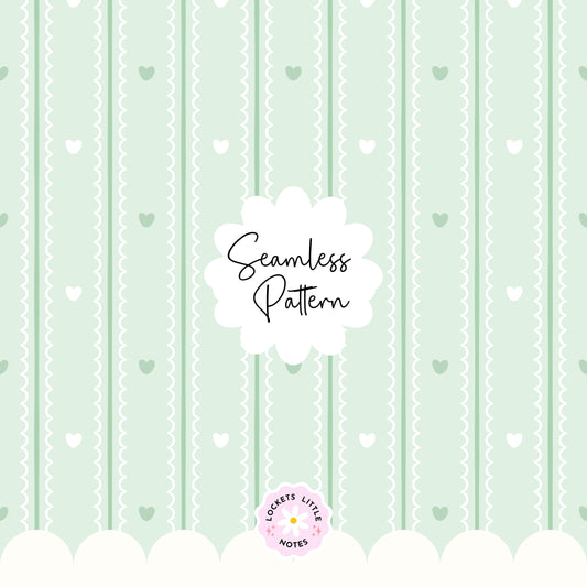 Pastel Green Seamless Pattern PNG, White Scallop Stripes & Green Pinstripe Fabric Design, Cute Heart Digital Paper, Coquette Commercial Use