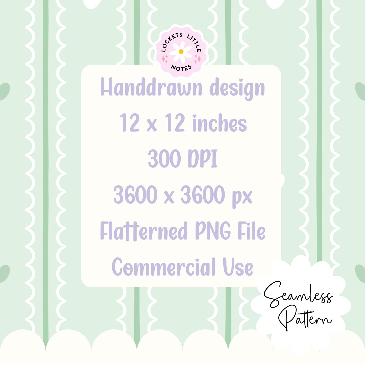 Pastel Green Seamless Pattern PNG, White Scallop Stripes & Green Pinstripe Fabric Design, Cute Heart Digital Paper, Coquette Commercial Use