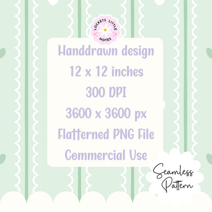 Pastel Green Seamless Pattern PNG, White Scallop Stripes & Green Pinstripe Fabric Design, Cute Heart Digital Paper, Coquette Commercial Use
