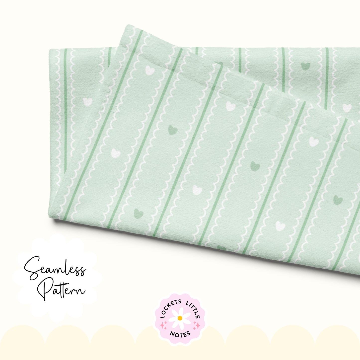 Pastel Green Seamless Pattern PNG, White Scallop Stripes & Green Pinstripe Fabric Design, Cute Heart Digital Paper, Coquette Commercial Use