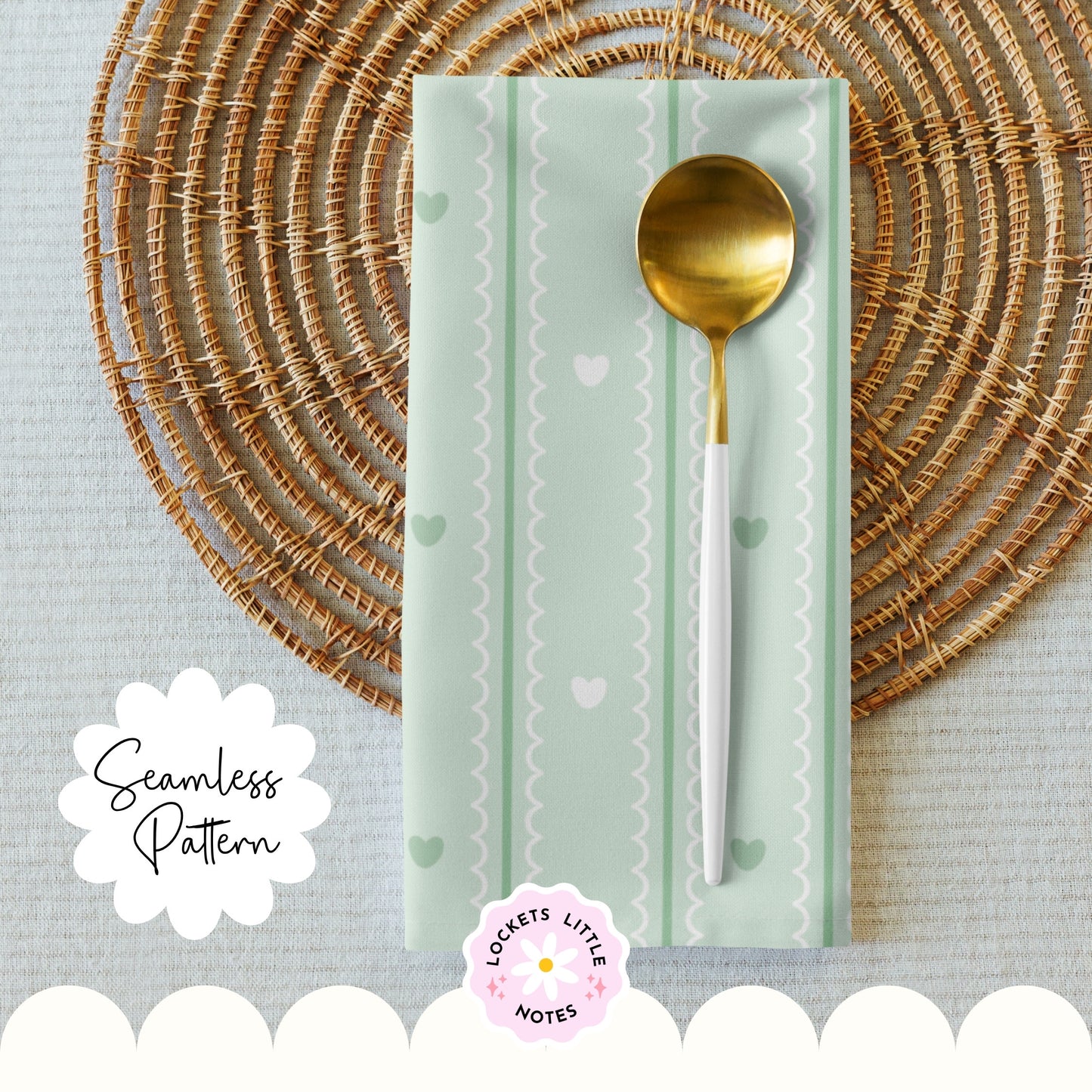 Pastel Green Seamless Pattern PNG, White Scallop Stripes & Green Pinstripe Fabric Design, Cute Heart Digital Paper, Coquette Commercial Use
