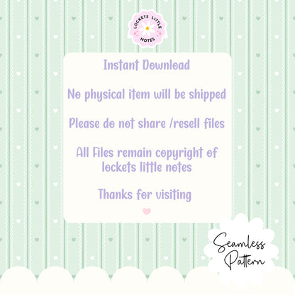 Pastel Green Seamless Pattern PNG, White Scallop Stripes & Green Pinstripe Fabric Design, Cute Heart Digital Paper, Coquette Commercial Use