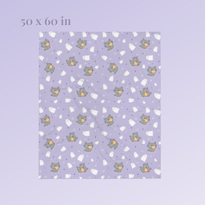 Kawaii Cat, Pumpkin and Ghosts Purple Blanket