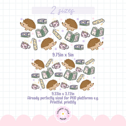 Whimsical Hedgehog Bookish Glass Can Wrap PNG, Cute Book Stack Design, Reading 16oz Libbey Template, 2 Files POD, Digital Download