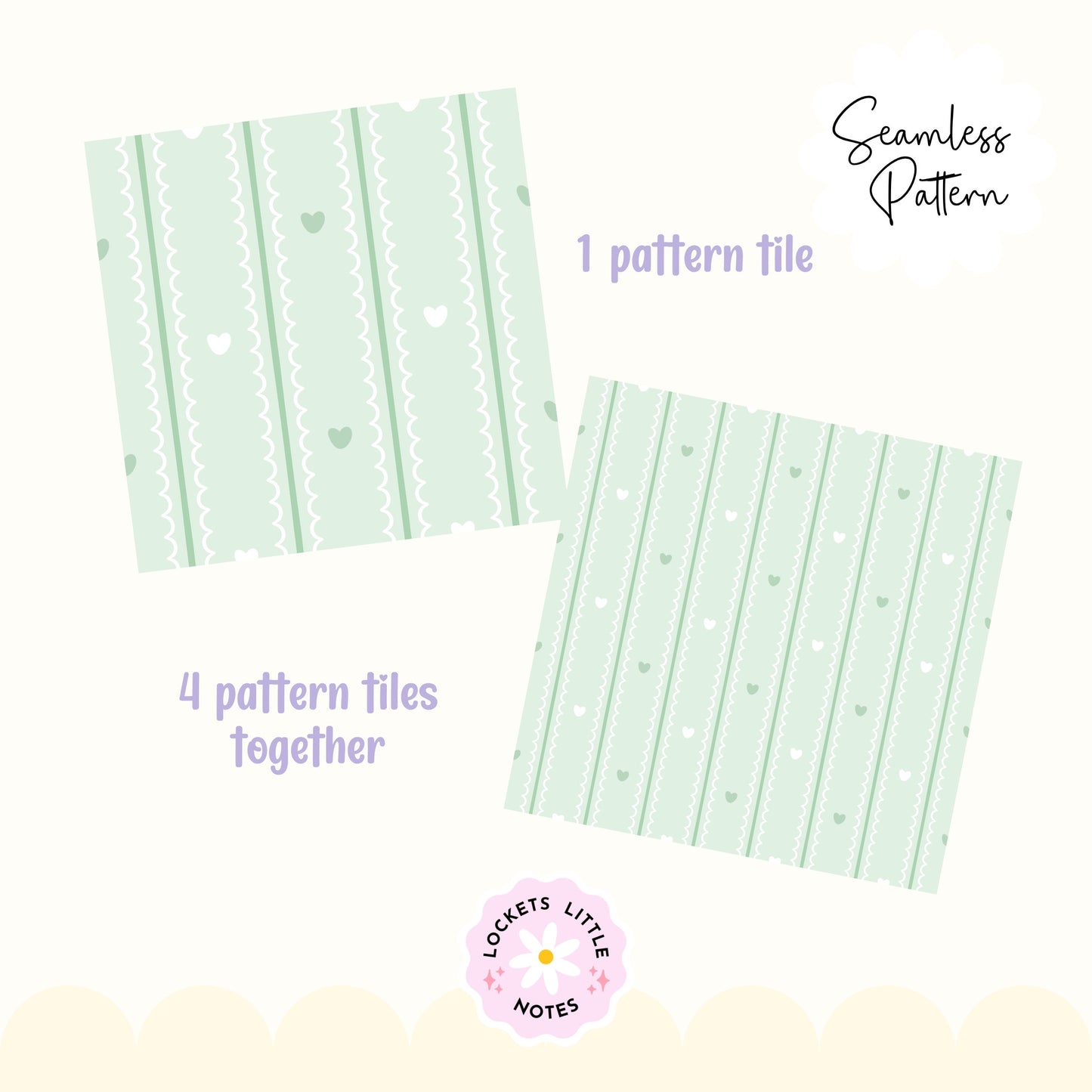 Pastel Green Seamless Pattern PNG, White Scallop Stripes & Green Pinstripe Fabric Design, Cute Heart Digital Paper, Coquette Commercial Use