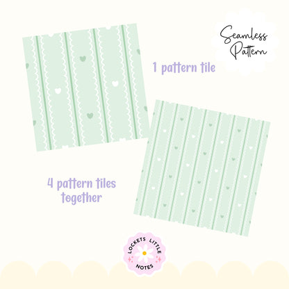 Pastel Green Seamless Pattern PNG, White Scallop Stripes & Green Pinstripe Fabric Design, Cute Heart Digital Paper, Coquette Commercial Use